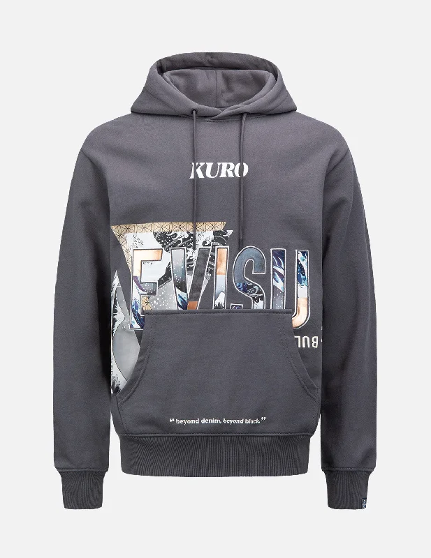 Ukiyo-E Infused Logo Insert Hoodie Hoodie with Hem Fringe Bohemian Relaxed