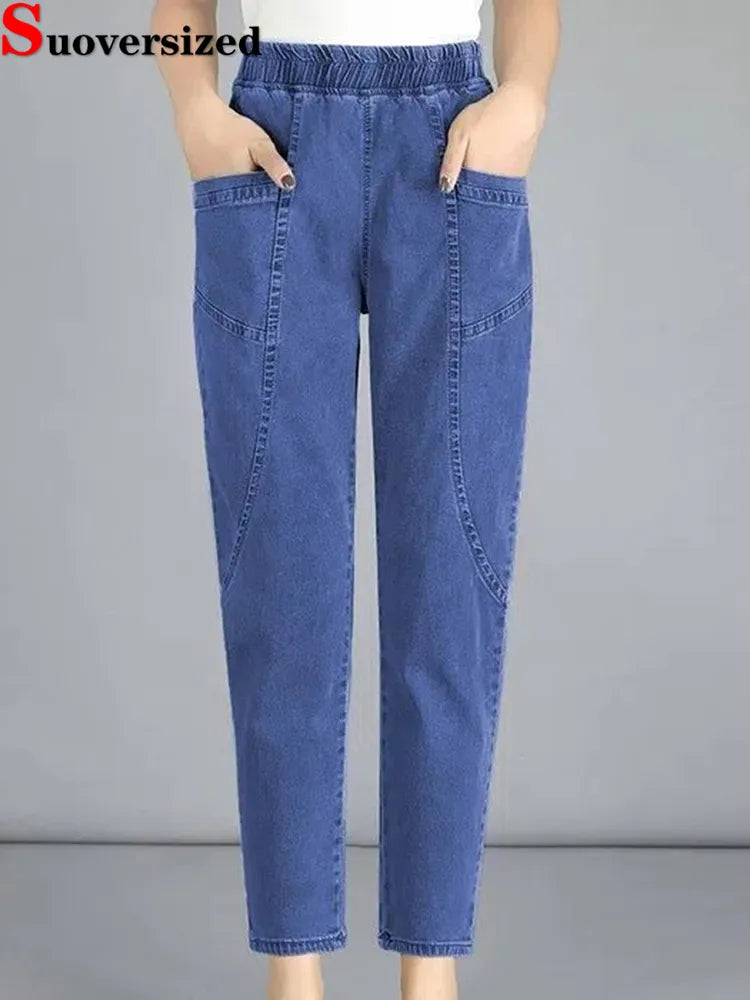 Vintage High Waist Ankle-length Blue Jeans Harem Elastic Denim Pants Trendy Cut-Off Denim Shorts Vintage High Waist Ankle-length Blue Jeans Harem Elastic Denim Pants Trendy Cut-Off Denim Shorts
