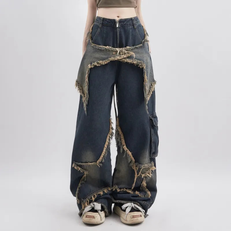 Women Blue Jeans Contrasting Colors High Waist American Street Wide Leg Pants Comfortable Faded High-Rise Jeans Women Blue Jeans Contrasting Colors High Waist American Street Wide Leg Pants Comfortable Faded High-Rise Jeans