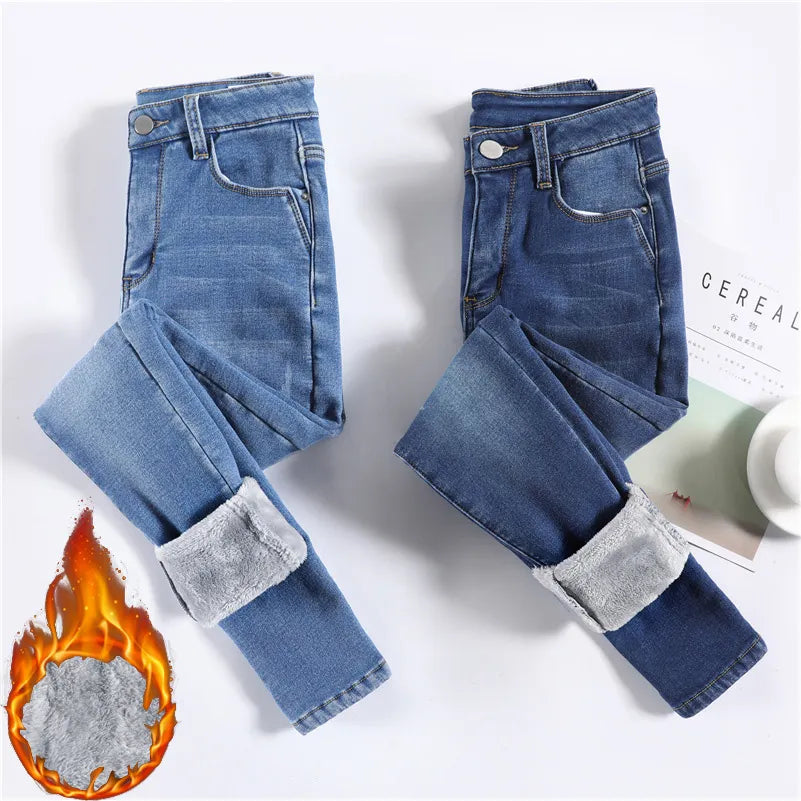 Women Thermal Jeans Winter Snow Warm Plush Stretch Jeans Stylish Acid-Wash Jeans