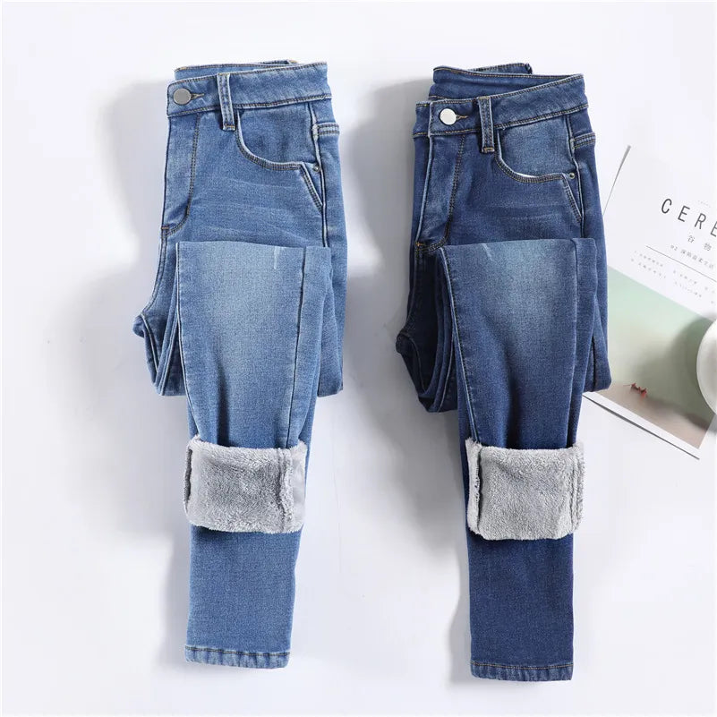 Women Thermal Jeans Winter Snow Warm Plush Stretch Jeans Lady Skinny Thicken Trousers Chic Rolled Cuff Denim Jeans Women Thermal Jeans Winter Snow Warm Plush Stretch Jeans Lady Skinny Thicken Trousers Chic Rolled Cuff Denim Jeans