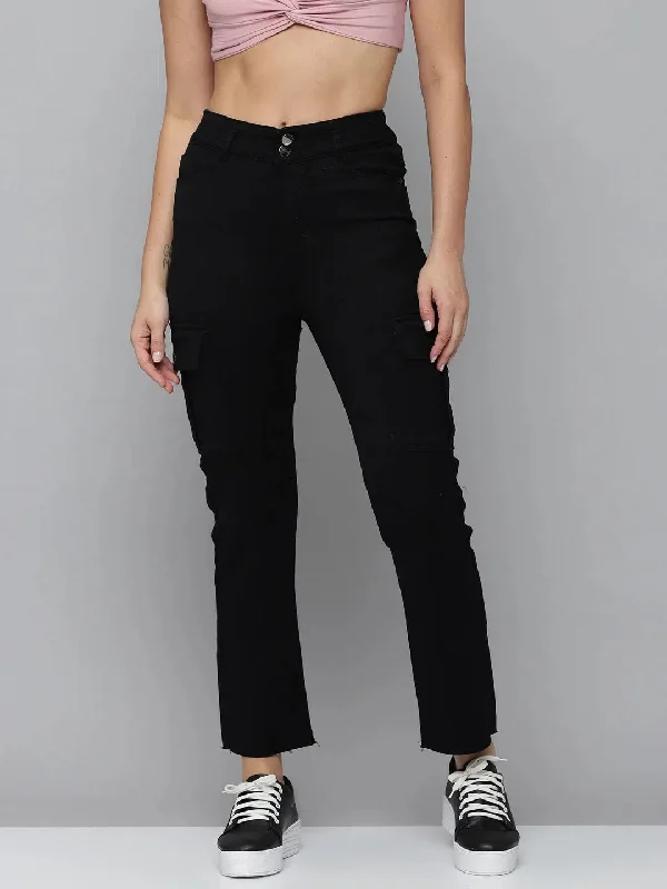 Women's Black Solid Straight Fit Denim Jeans-IM-9887-Black Stylish Stone-Wash Denim Jeans