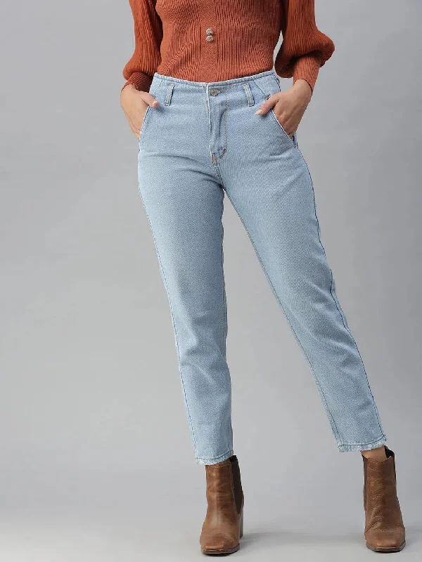 Women's Blue Solid Mom Fit Denim Jeans-GZ-5018A-Blue Chic Vintage-Inspired Denim Jeans