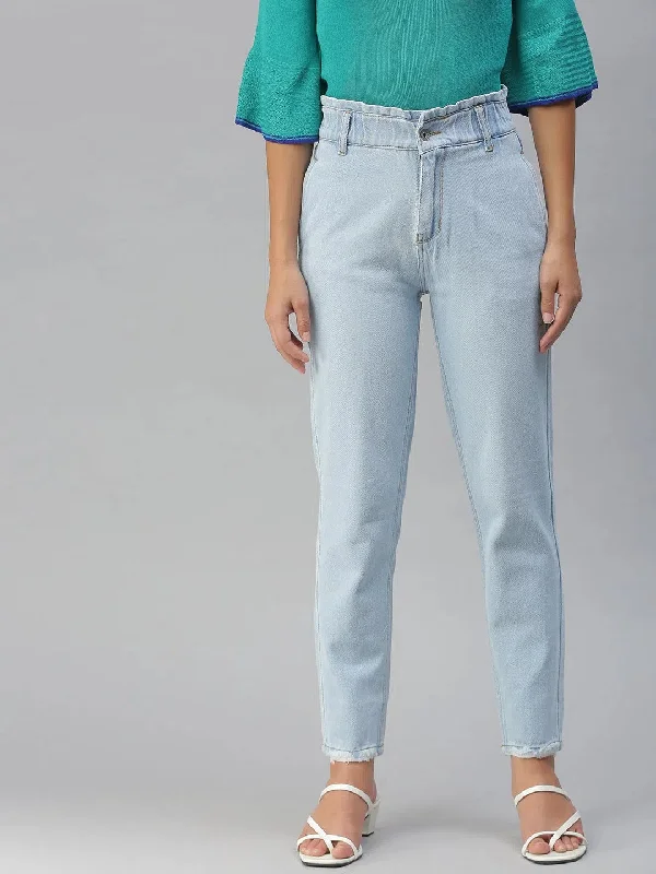Women's Blue Solid Mom Fit Denim Jeans-GZ-5019A-Blue Classic Black Denim Jeans