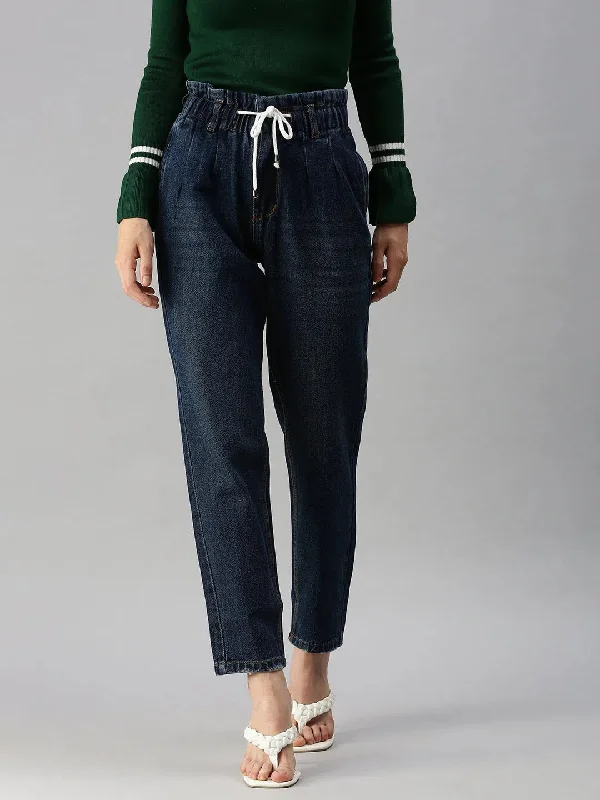 Women's Blue Solid Mom Fit Denim Jeans-GZ-5023C-Blue Stylish Acid-Wash Jeans