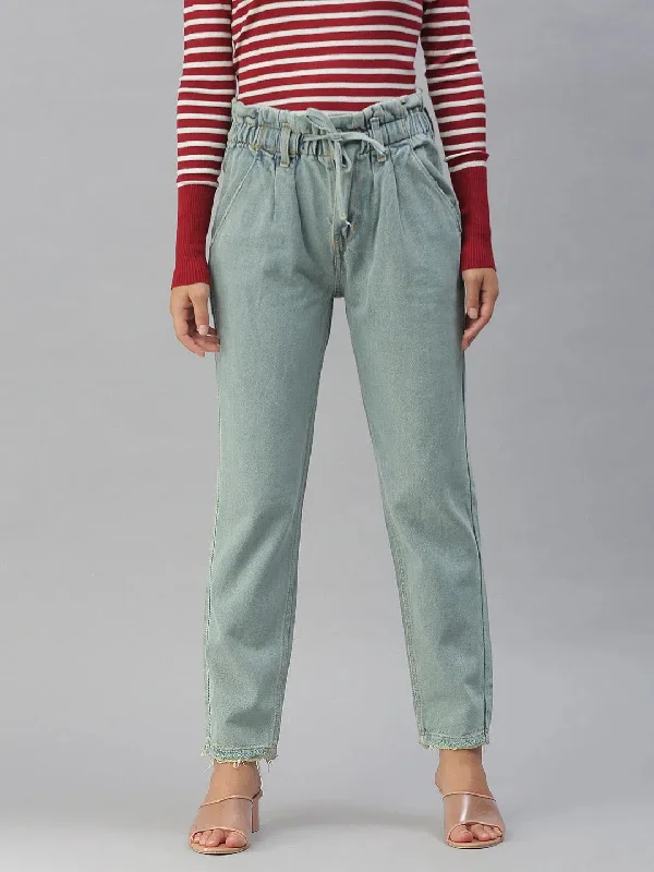 Women's Blue Solid Mom Fit Denim Jeans-GZ-5053AB-Blue Fashionable Frayed Hem Denim