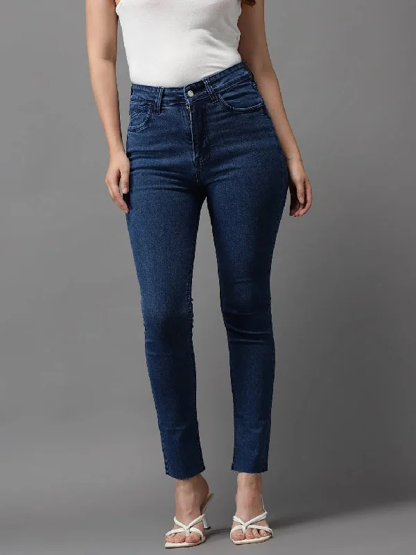 Women's Blue Solid Skinny Fit Denim Jeans-GZ-5183-C-Blue Elegant Raw Hem Jeans
