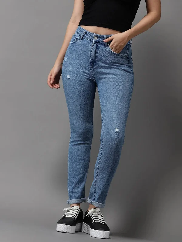 Women's Blue Solid Slim Fit Denim Jeans-GZ-5206-Blue Fashionable Slouchy Fit Jeans