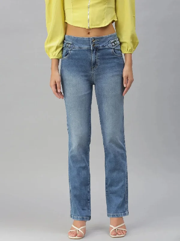Women's Blue Solid Straight Fit Denim Jeans-CR-7814-Blue Trendy Button-Up High-Waist Jeans Women's Blue Solid Straight Fit Denim Jeans-CR-7814-Blue Trendy Button-Up High-Waist Jeans