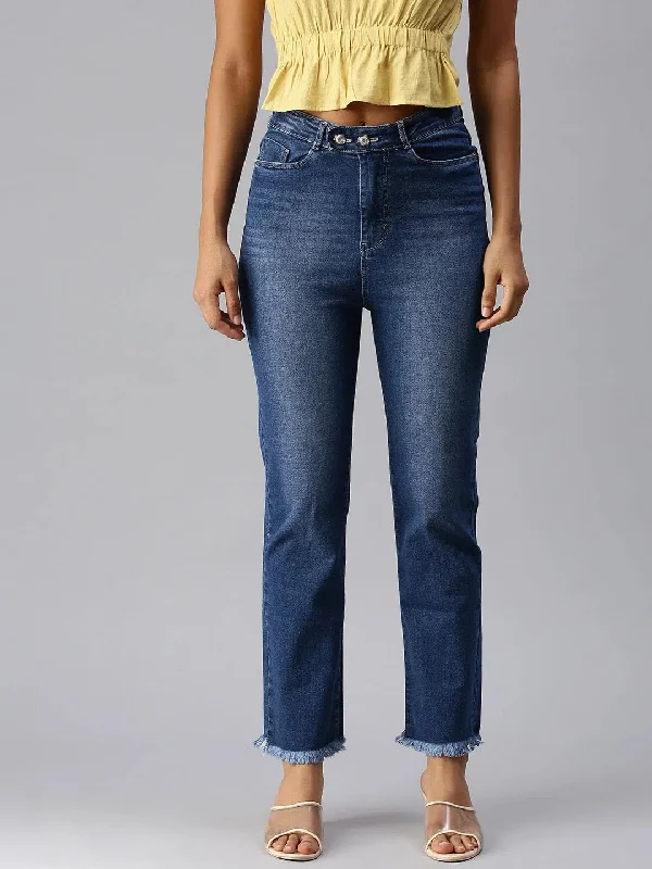 Women's Blue Solid Straight Fit Denim Jeans-IM-9813-Blue Comfortable Folded Hem Jeans Women's Blue Solid Straight Fit Denim Jeans-IM-9813-Blue Comfortable Folded Hem Jeans