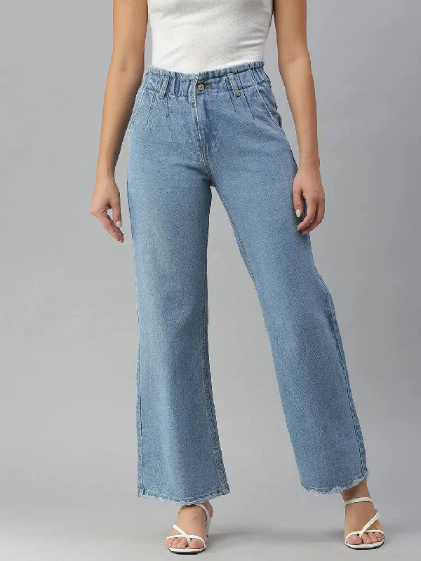 Women's Blue Solid Wide Leg Denim Jeans-GZ-5064A-Blue Stylish High-Waisted Denim