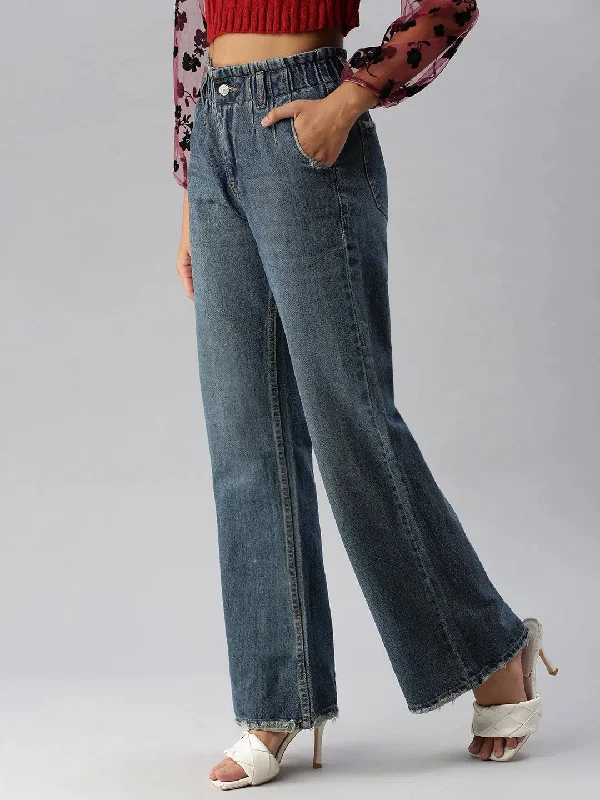 Women's Blue Solid Wide Leg Denim Jeans-GZ-5064B-Blue Comfortable Folded Hem Jeans