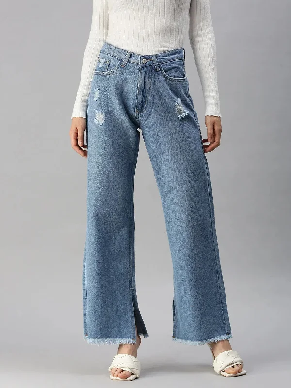 Women's Blue Solid Wide Leg Denim Jeans-GZ-5073A-Blue Comfortable Mid-Rise Jeans