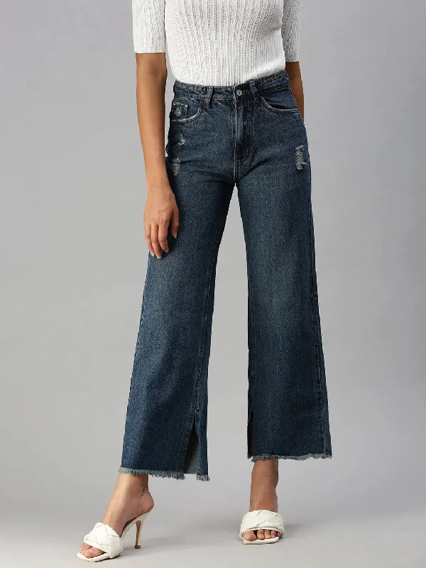 Women's Blue Solid Wide Leg Denim Jeans-GZ-5073C-Blue Trendy Layered Pocket Jeans
