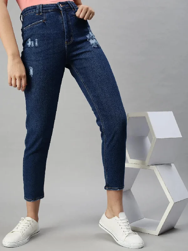 Women's Denim Navy Blue Mom Fit Jeans-GZ5027-Navyblue Casual Straight-Leg Jeans