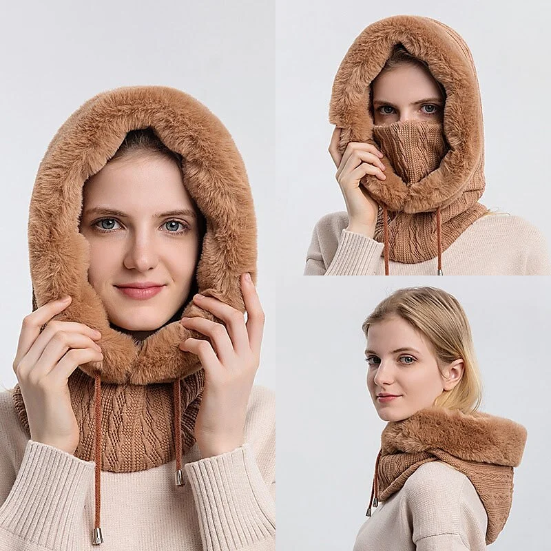Women's High Quality Winter Hooded Knitted Cashmere Neck Warm Outdoor Ski Windproof Hat Thick Plush Fur Cap Mask Set Hoodie with Mock Neck Collared Structured Women's High Quality Winter Hooded Knitted Cashmere Neck Warm Outdoor Ski Windproof Hat Thick Plush Fur Cap Mask Set Hoodie with Mock Neck Collared Structured