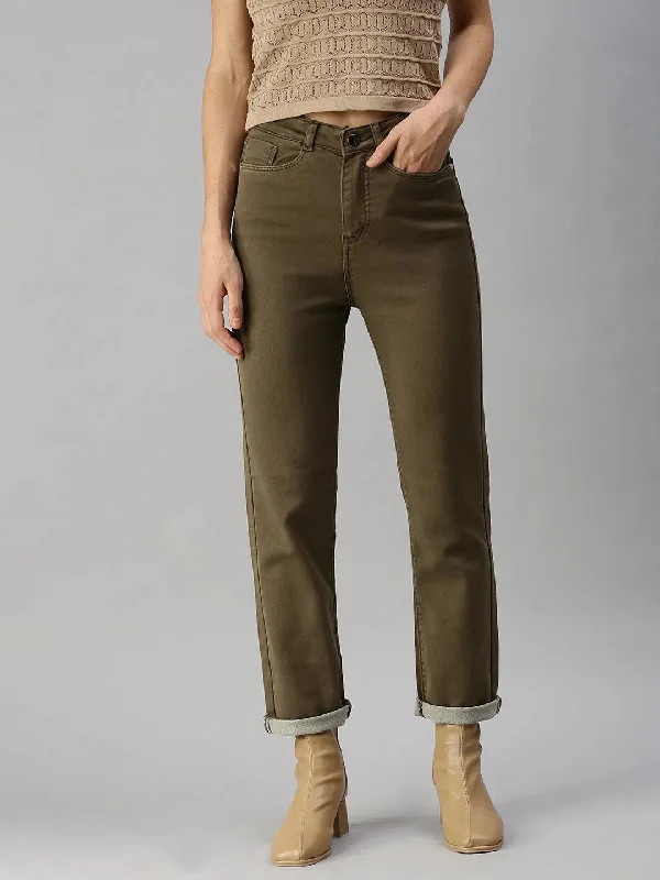 Women's Khaki Solid Straight Fit Denim Jeans-IM-9795-Khaki Fashionable Raw Edge Jeans