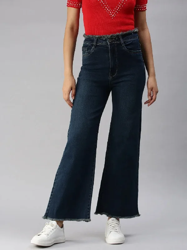 Women's Navy Blue Solid Wide Leg Denim Jeans-TRP-7013-Navyblue Comfortable Stretch Denim Jeans Women's Navy Blue Solid Wide Leg Denim Jeans-TRP-7013-Navyblue Comfortable Stretch Denim Jeans