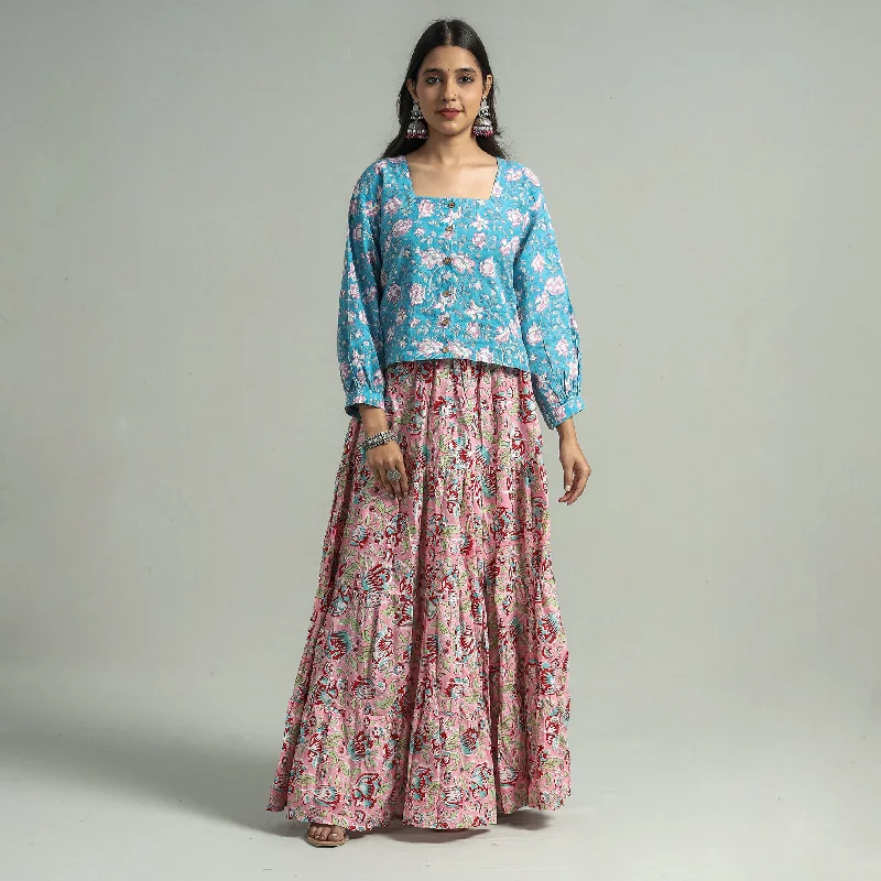 Pink - Sanganeri Block Printed Tiered Cotton Long Skirt asymmetrical skirt cut