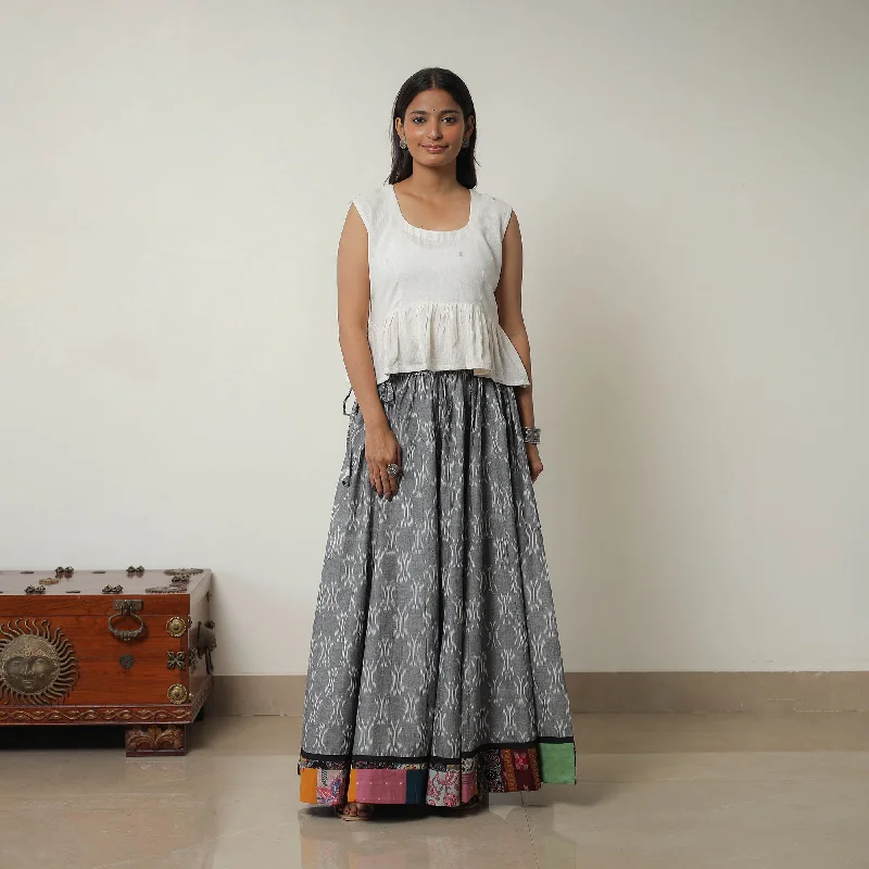 Grey - 24 Kali Cotton Pochampally Ikat Skirt with Border 12 flowy skirt hem