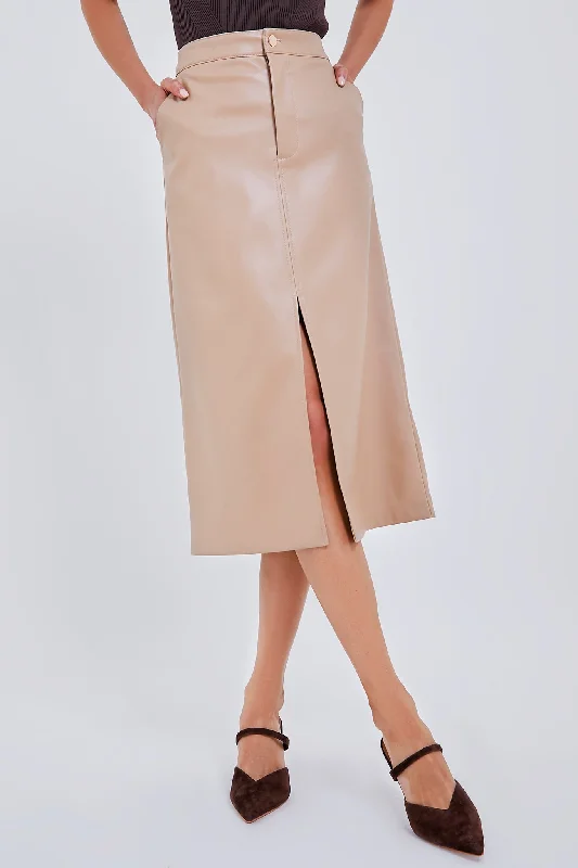 Almond Faux Leather Ingrid Midi Skirt velvet skirt luxurious