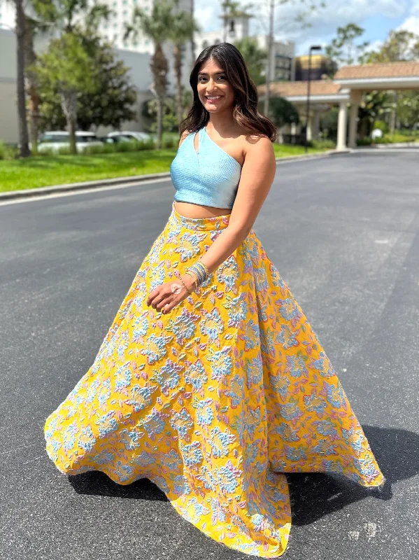 ARIANA Yellow and Periwinkle Floral Skirt corduroy skirt cozy