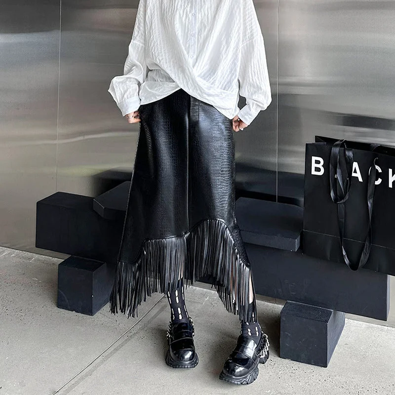 Asymmetrical Fringed Pu Leather Skirt silk skirt lustrous