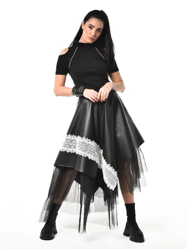 Black Vegan Leather Skirt with Black Tulle boho skirt vibe