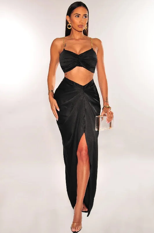 Black Gold Chain Padded Knotted Slit Skirt Two Piece Set leather skirt durable