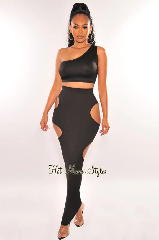 Black One Shoulder Cut Out Skirt Two Piece Set athletic skirt fit