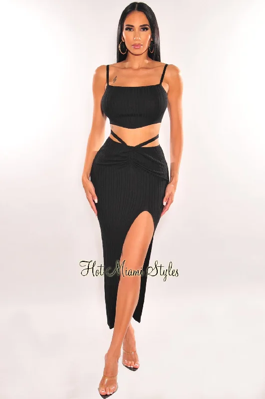 Black Ribbed Knit Wrap Around Slit Skirt Two Piece Set ribbed skirt waist