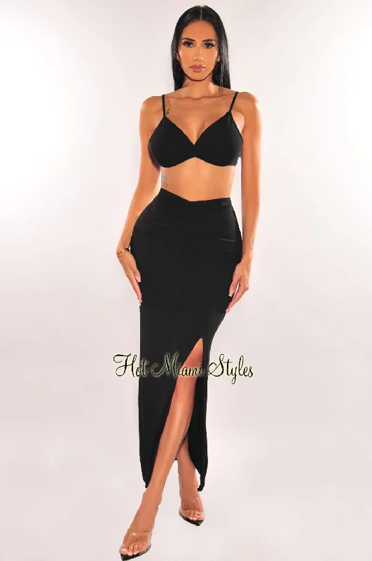 Black Ribbed Spaghetti Straps Knotted Slit Skirt Two Piece Set spandex blend skirt