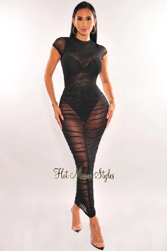 Black Sheer Mesh Short Sleeve Bodysuit Ruched Skirt Two Piece Set denim skirt classic Black Sheer Mesh Short Sleeve Bodysuit Ruched Skirt Two Piece Set denim skirt classic