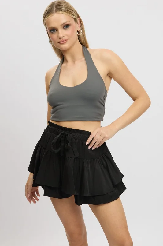 Black Skort Skirt Frilled Hem Elasticated Waist lace skirt elegant