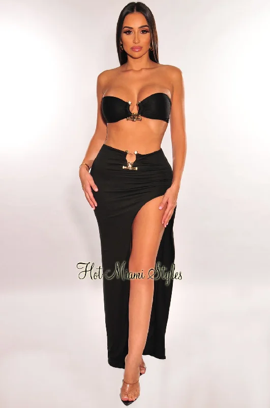 Black Strapless Tie Up Gold Ring Slit Skirt Two Piece Set mini skirt trendy