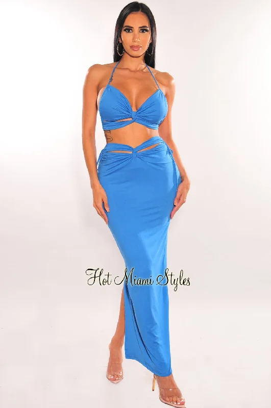 Blue Cut Out Knotted Midi Skirt Two Piece Set cashmere skirt fine