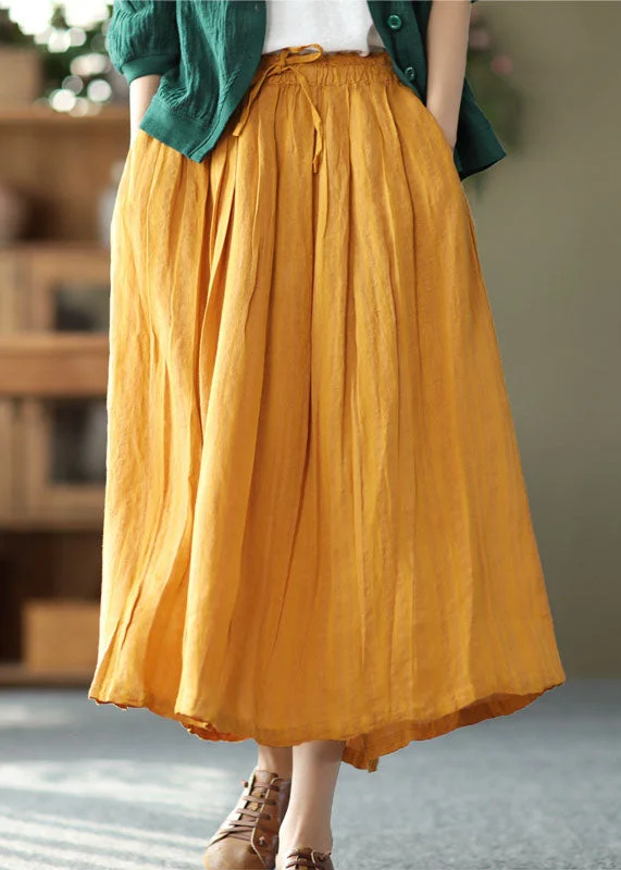 Bohemian Yellow Elastic Waist Wrinkled Linen Skirt Summer vintage skirt charm