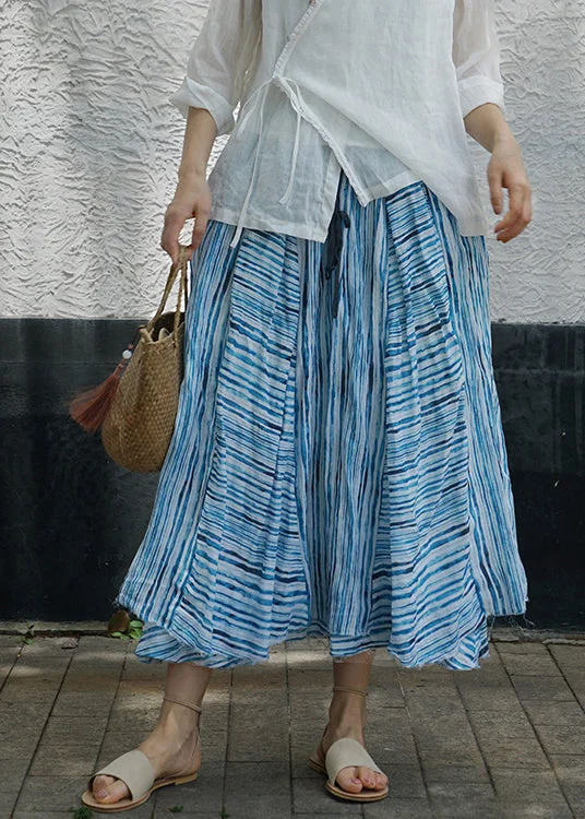 Boho Blue asymmetrical design Striped Patchwork Linen Skirt Spring corduroy skirt textured