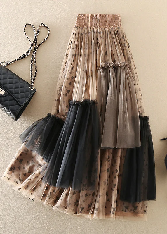 Boho Khaki Asymmetrical Print Tulle Skirts Spring belted skirt waist