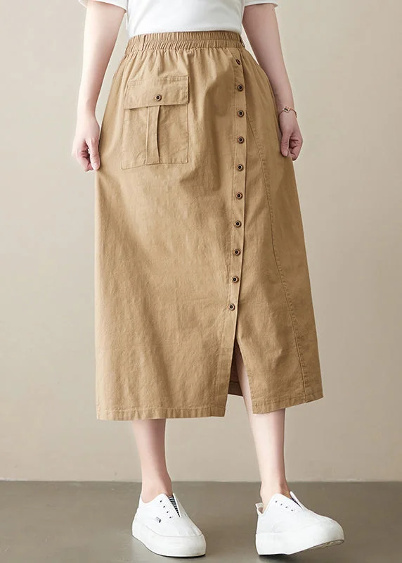 Boutique Khaki Asymmetrical side open elastic waist Button Linen Skirt Spring floral skirt print
