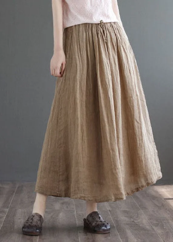 Boutique Khaki Pockets Linen A Line Skirts Summer silk skirt elegant