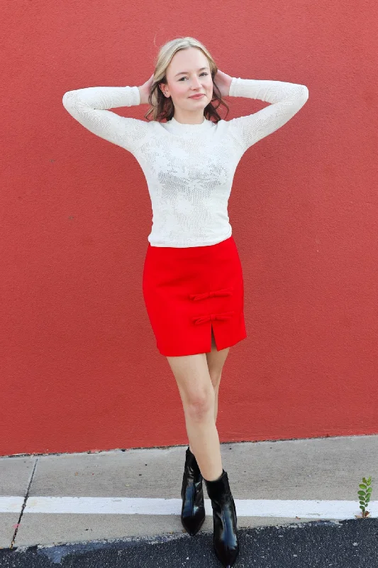 Bow Slit Skirt in Red flowy skirt hem