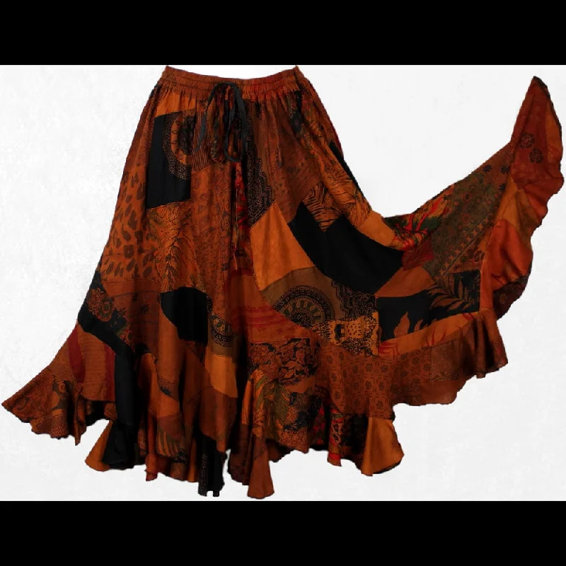 Brown Patchwork Long Swirl Skirt boho skirt vibe