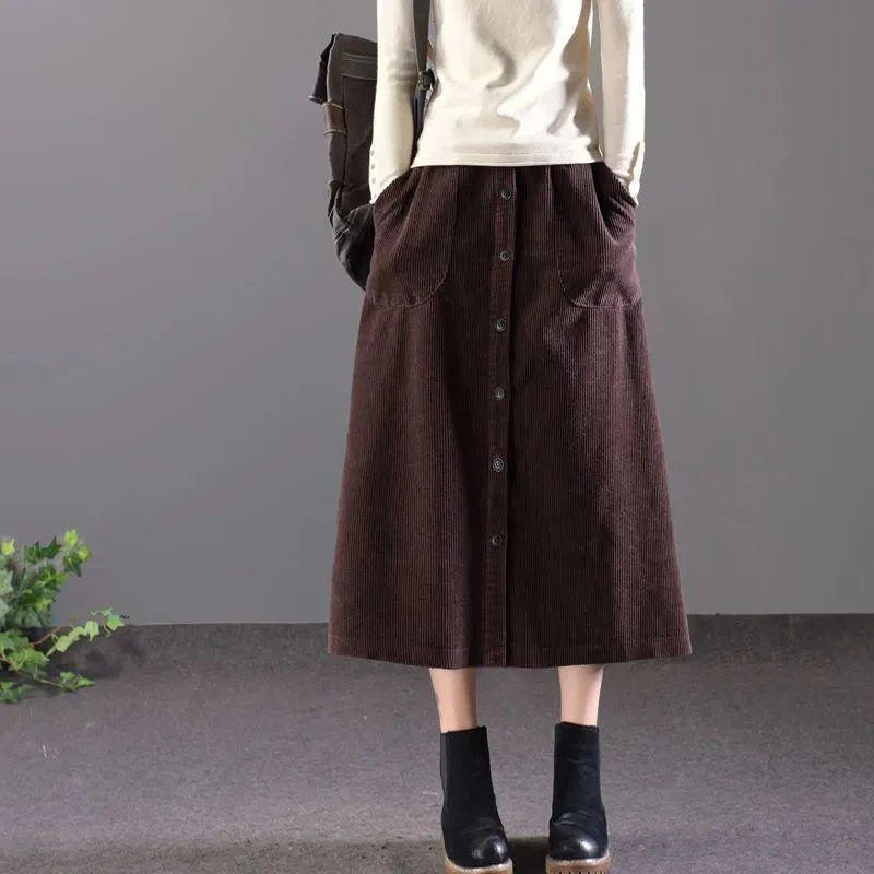 Corduroy A-line Skirt Women Loose Fall/winter Single-breasted Plus Size Skirt High-waisted Corduroy Long Skirt with Pockets chiffon skirt lightweight