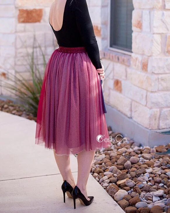 Corinne Ombre Burgundy Soft Tulle Skirt - Below Knee lace skirt romantic