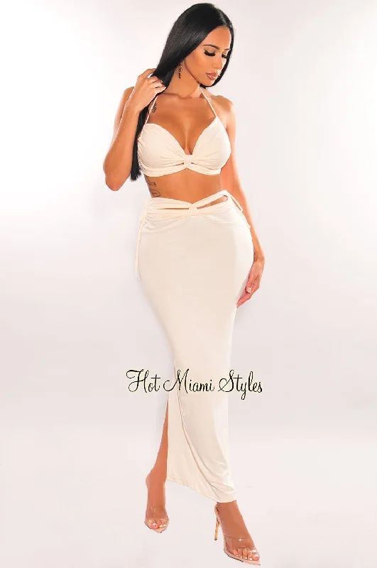 Cream Cut Out Knotted Midi Skirt Two Piece Set pleated skirt texture