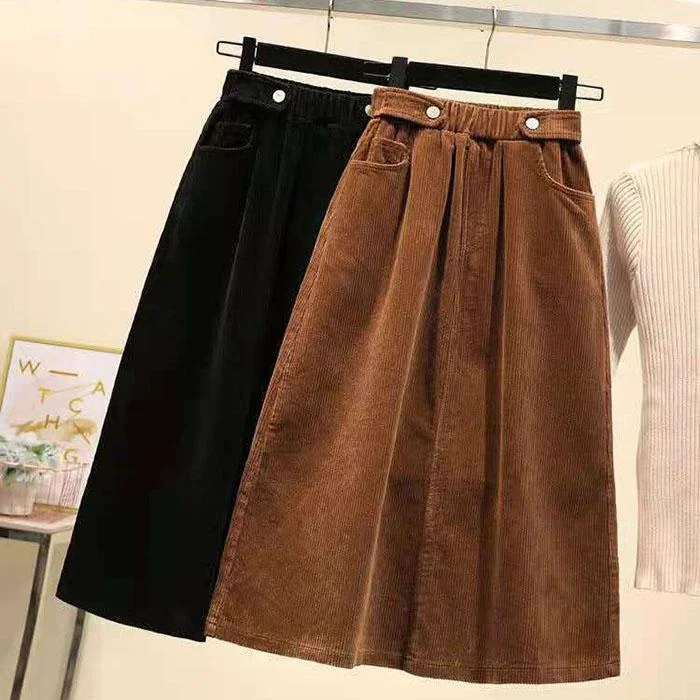 Fall/winter Corduroy Skirt Women Long Loose High Waist A-line Skirt Plus Size Corduroy Skirt high slit skirt