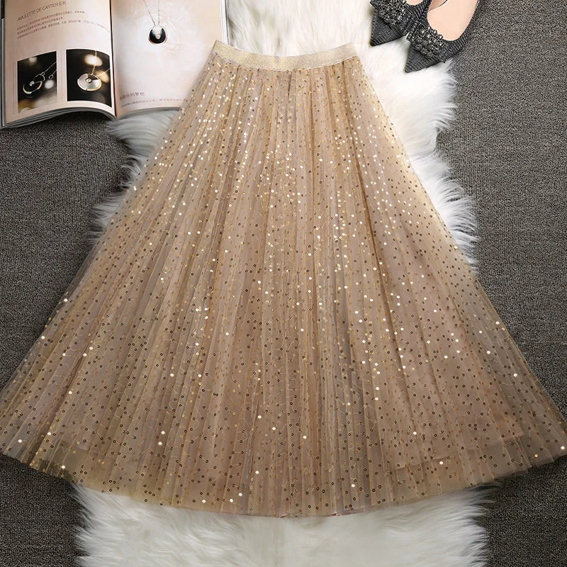 French Khaki Sequins tulle Elastic Waist Skirts Summer leather skirt sleek