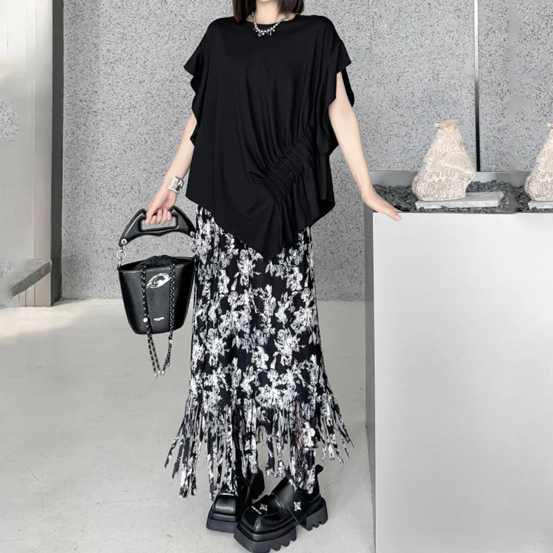 Fringed Mid-Length Pleated Floral Skirt leather skirt refined