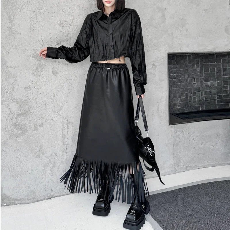 Fringed PU Leather Skirt a-line skirt cut